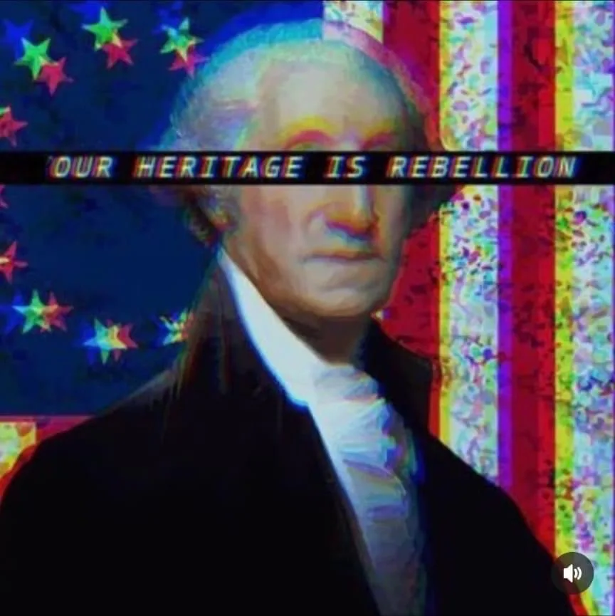 A distorted, glitchy image of George Washington with a rainbow-colored American flag background. A black bar with glowing…