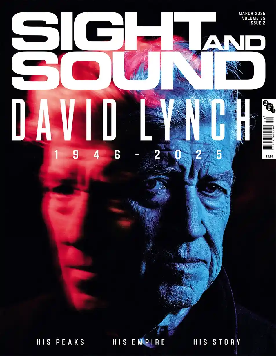 The image is a magazine cover for 'Sight & Sound' featuring a split-face portrait of David Lynch, half in red and half in…