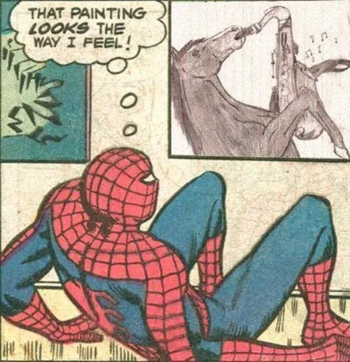 A comic panel shows Spider-Man sitting on the floor looking exhausted. In a thought bubble, he says 'THAT PAINTING LOOKS THE…