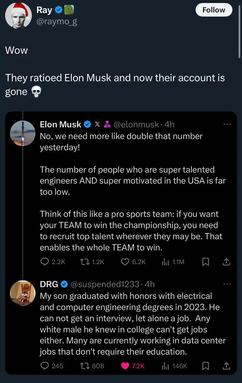 A screenshot of a social media post by 'Ray' reacting to a tweet from Elon Musk and a reply from 'DRG'. Ray's post says 'Wow…
