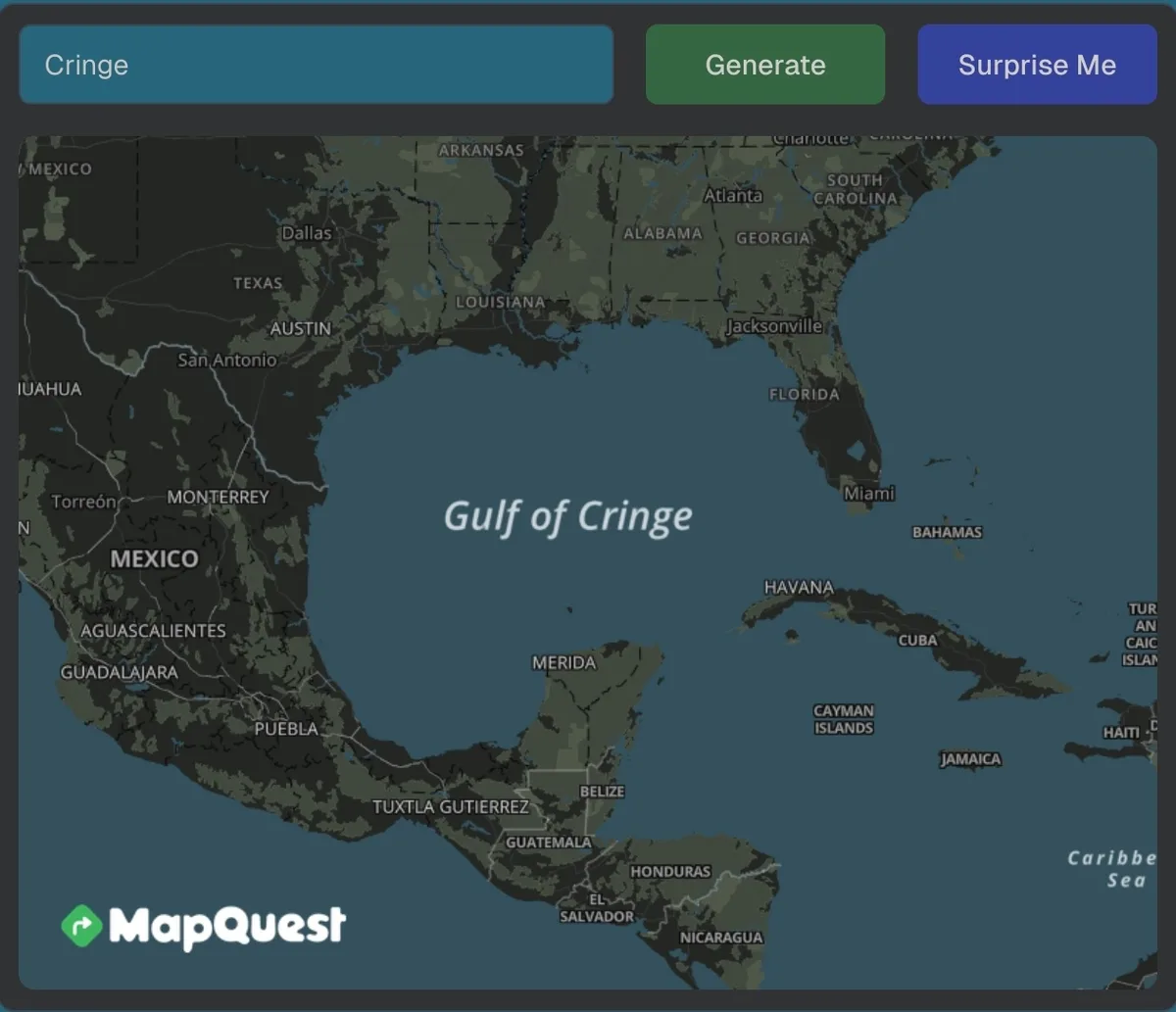 A screenshot of the MapQuest website shows a map of the Gulf of Mexico and surrounding areas, with the text 'Gulf of Cringe'…