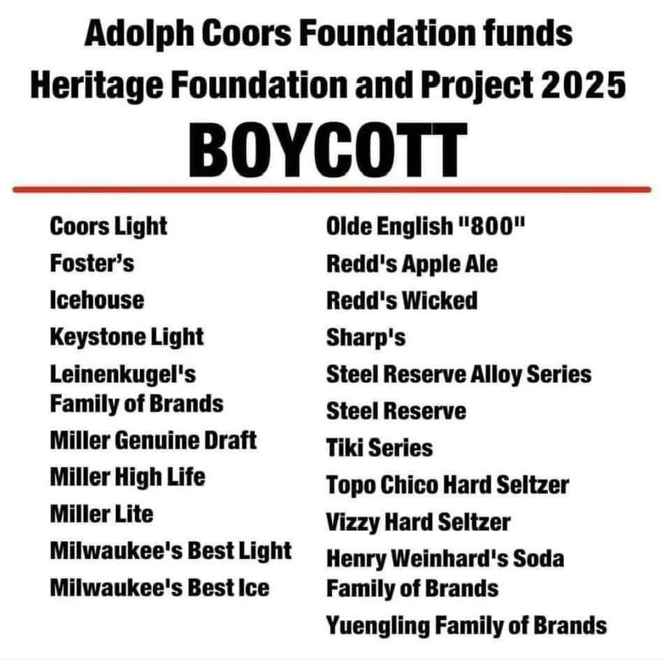 A white-background image lists numerous beer and soda brands in two columns under a large 'BOYCOTT' heading. Above this…