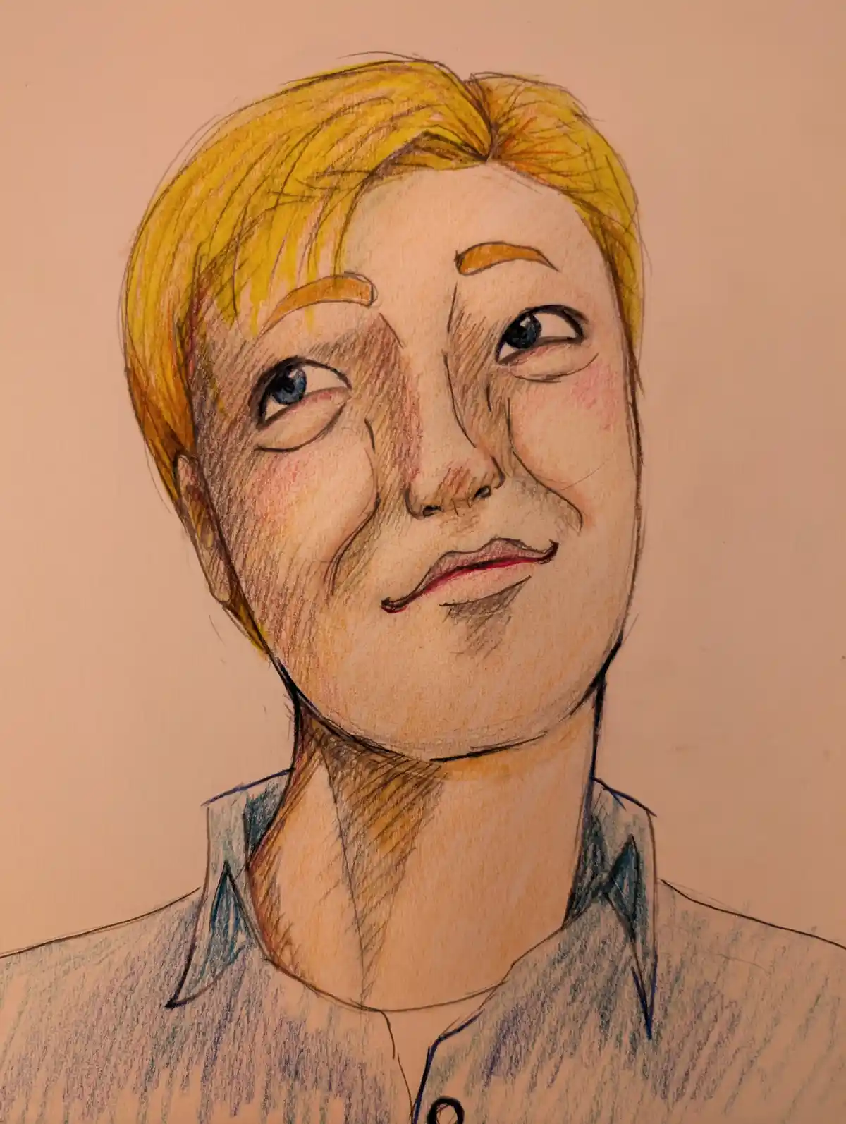 A colored pencil drawing of a person with short blonde hair and blue eyes, wearing a collared shirt, looking upward with a…