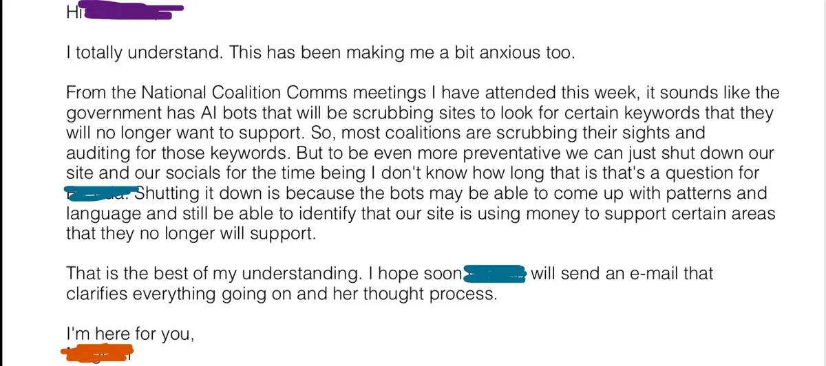 A screenshot of an email with redacted names, where the sender explains that due to government AI bots scanning for…