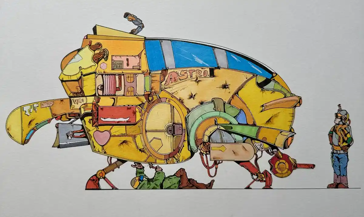 A colorful, cartoon-style illustration shows a large, yellow, heavily modified spaceship named 'ASTRO' with exposed internal…