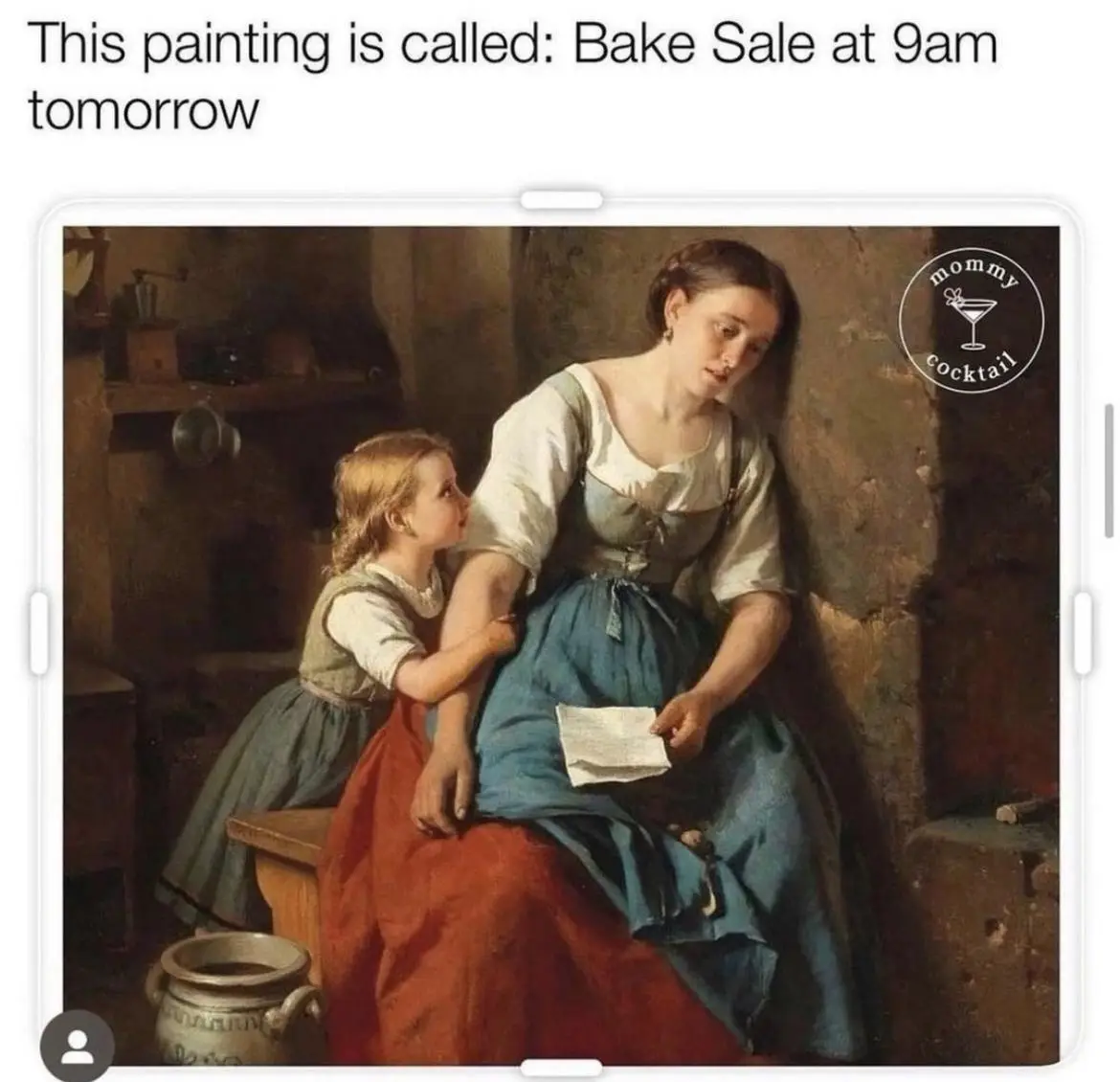 A classical painting depicts a woman in a blue and red dress sitting on a wooden stool, looking weary while holding a piece…