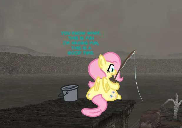 A yellow pony with pink mane and tail, identified as Fluttershy, sits on a wooden dock holding a fishing rod, smiling with…