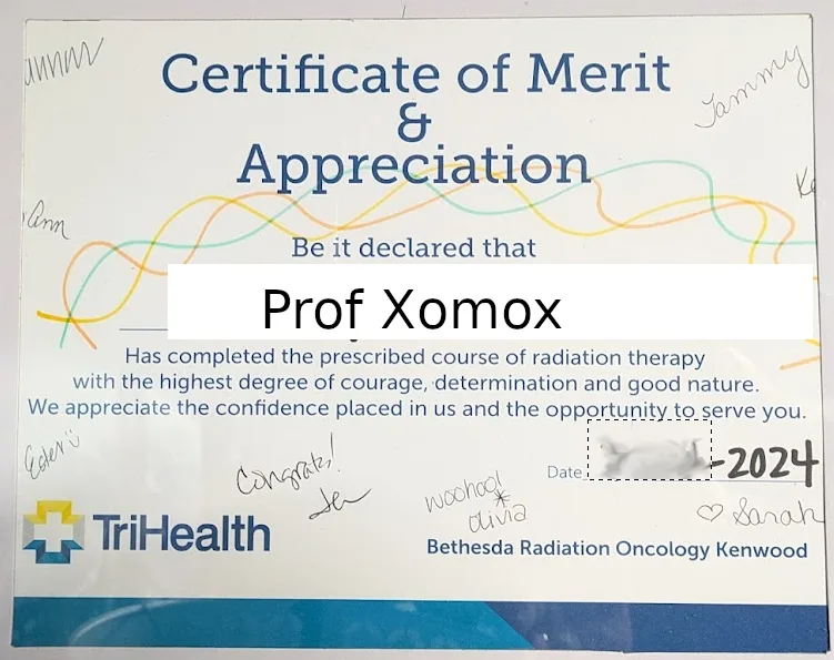 A white certificate titled 'Certificate of Merit & Appreciation' from TriHealth Bethesda Radiation Oncology Kenwood…