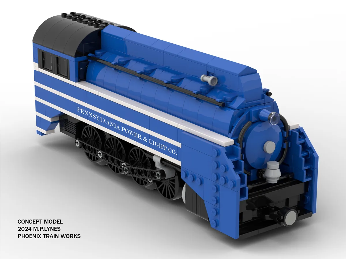 A detailed blue LEGO model of a steam locomotive with black wheels and white stripes, featuring the text 'PENNSYLVANIA POWER…