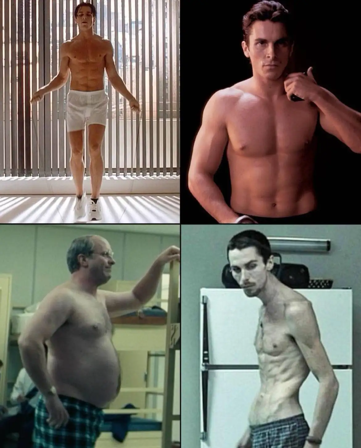 A four-panel image shows a progression: top-left, a shirtless man with defined abs jumping rope; top-right, a shirtless man…