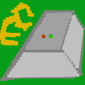 A pixelated image shows a gray, wedge-shaped computer monitor with a red and green light on its front, set against a solid…