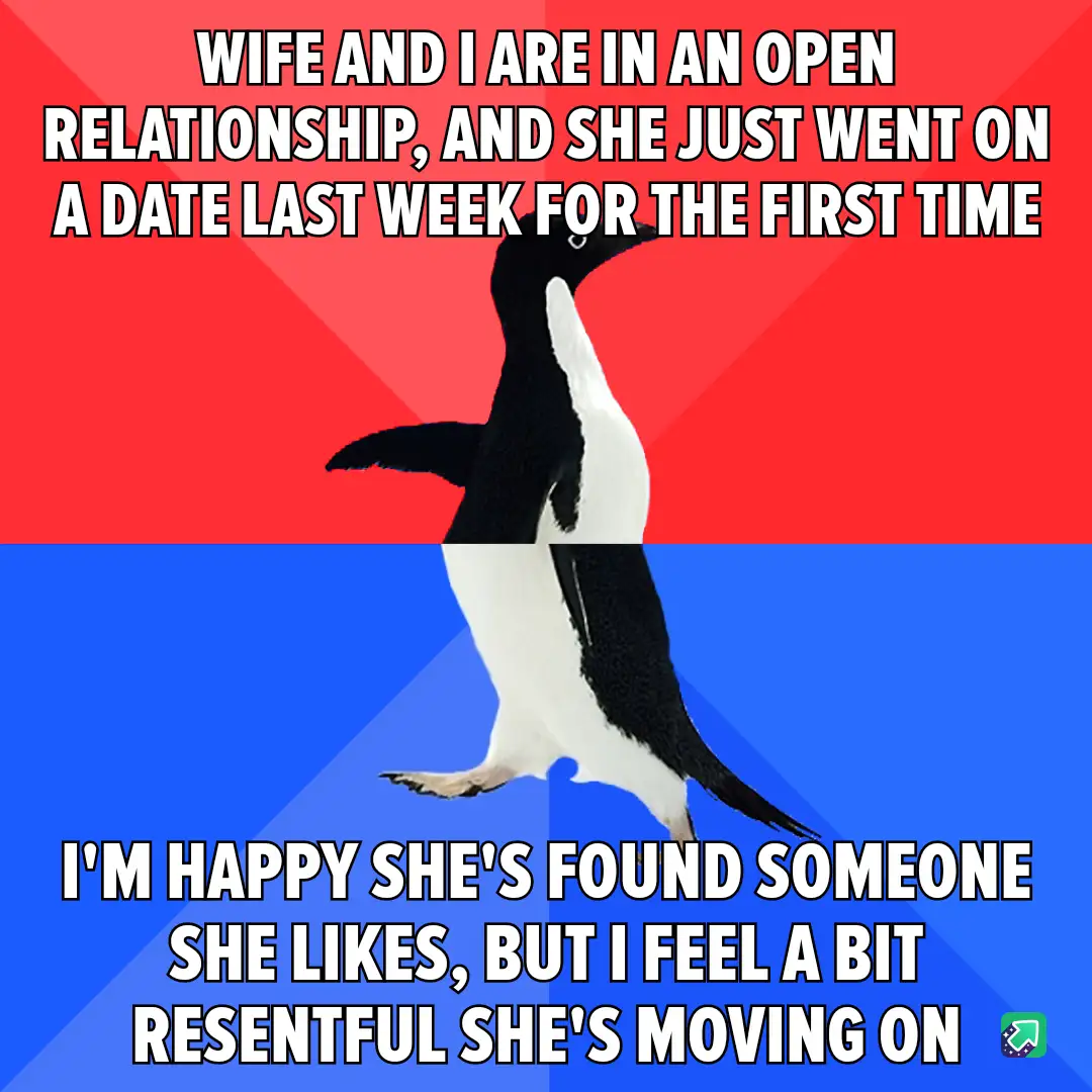 A penguin stands centered against a red and blue background, with white bold text overlaid in two sections. The top text…