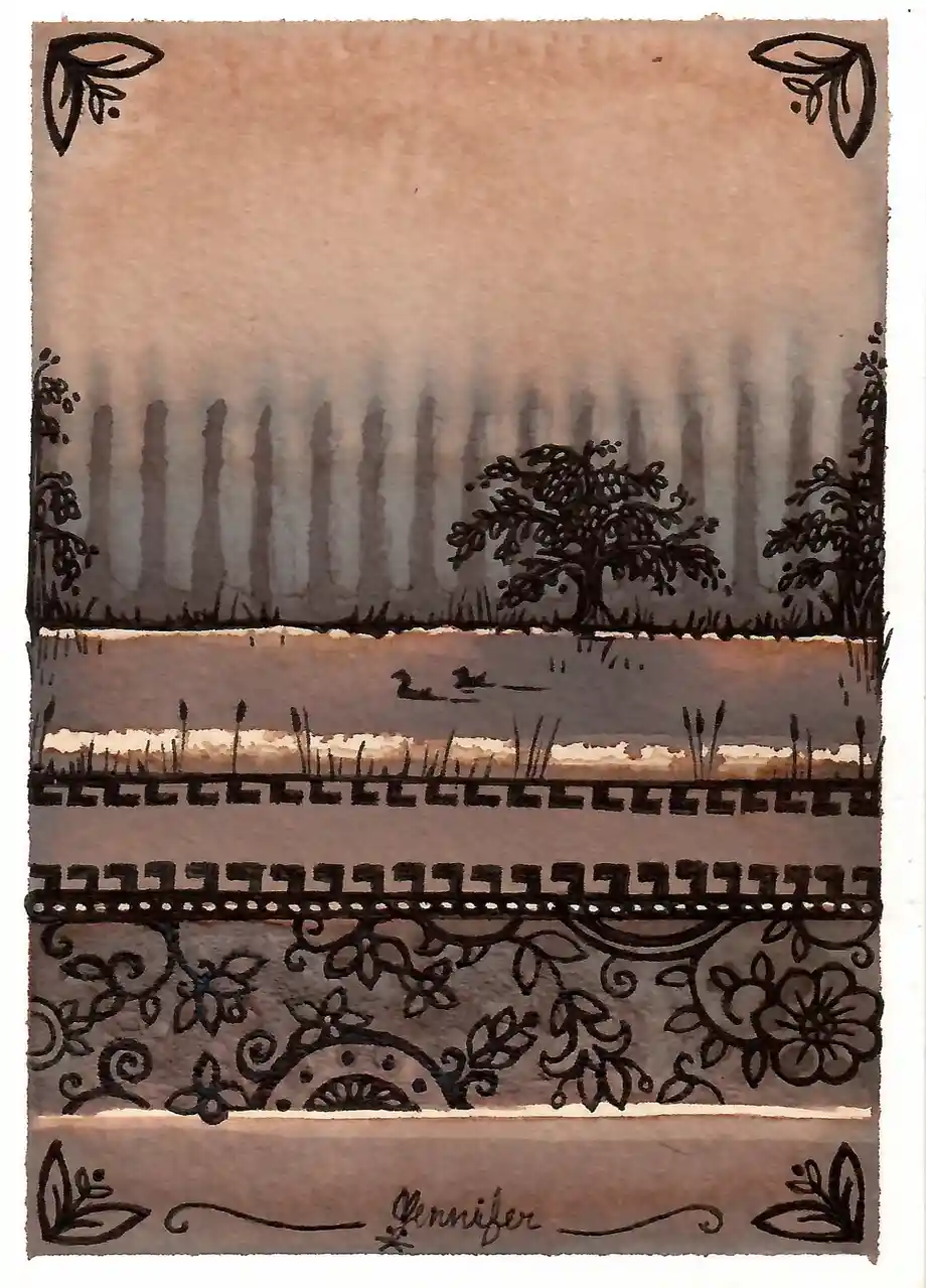 A watercolor painting depicts a serene landscape with a body of water, two ducks swimming, trees, and a distant forest under…