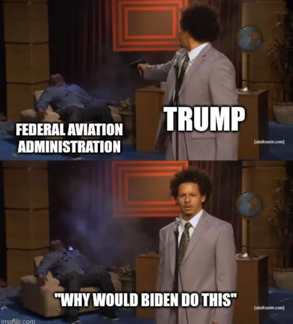 A two-panel image from an Adult Swim show. In the top panel, a man in a suit (labeled 'TRUMP') points a gun at another man…