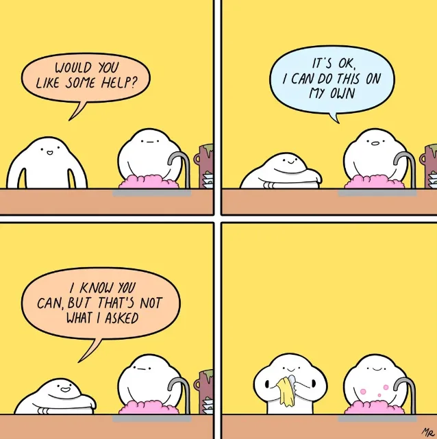 A four-panel comic strip featuring two white, cloud-like characters at a sink. The first panel shows one character asking…
