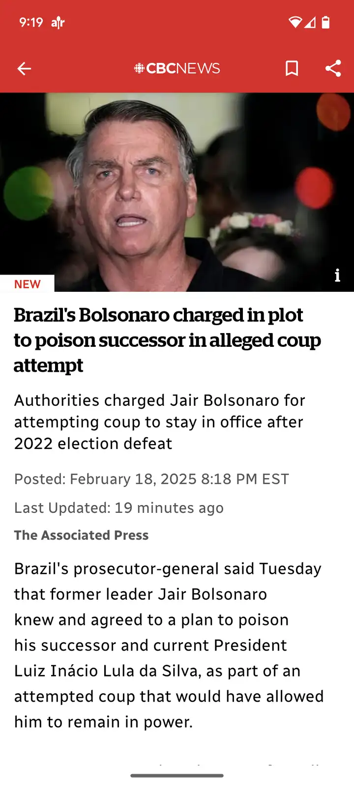 A screenshot of a CBC News article from February 18, 2025, featuring a photo of Jair Bolsonaro with overlaid text stating he…