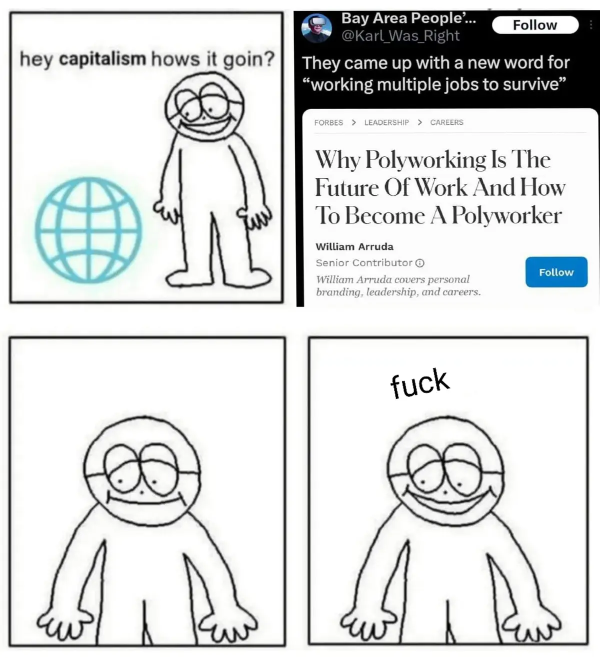 The image is a four-panel comic featuring a simple stick-figure character. In the first panel, the character asks 'hey…