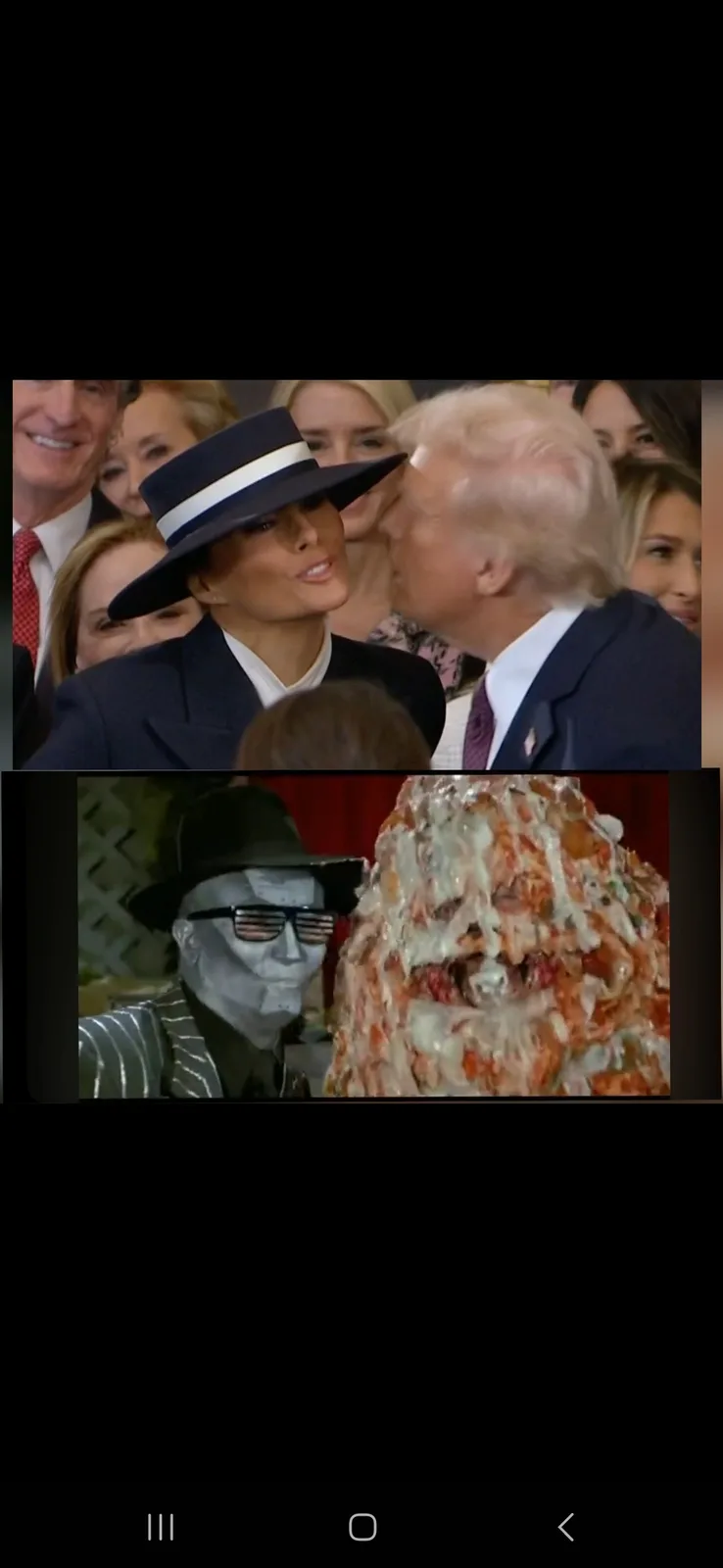 The top panel shows Donald Trump kissing Melania Trump on the cheek at a public event. The bottom panel shows a man in a…