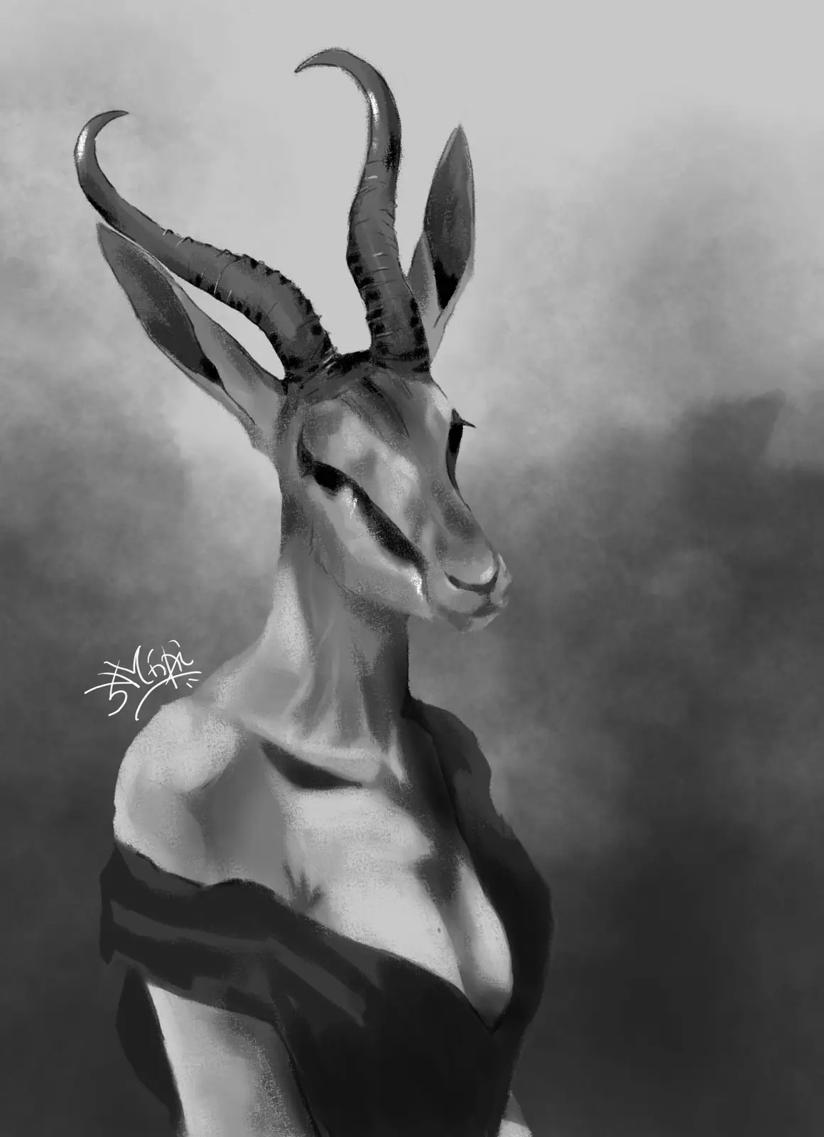 A black and white digital painting shows a humanoid figure with the head of a gazelle, featuring long, curved horns and…
