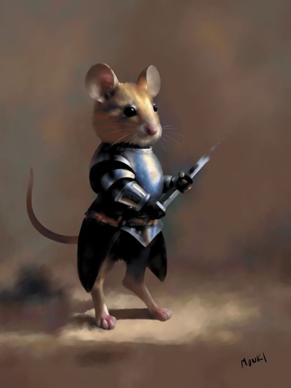 A small, realistic-looking mouse stands upright wearing full silver and black medieval knight armor, holding a sword in its…