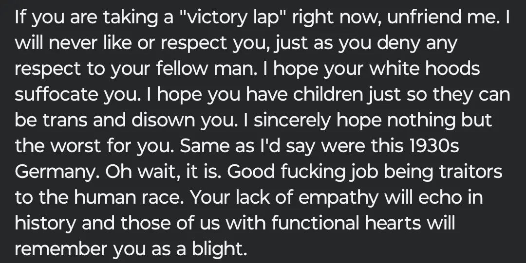 The image is a solid black background with white text that reads a hostile, sarcastic message. The text is a long paragraph…