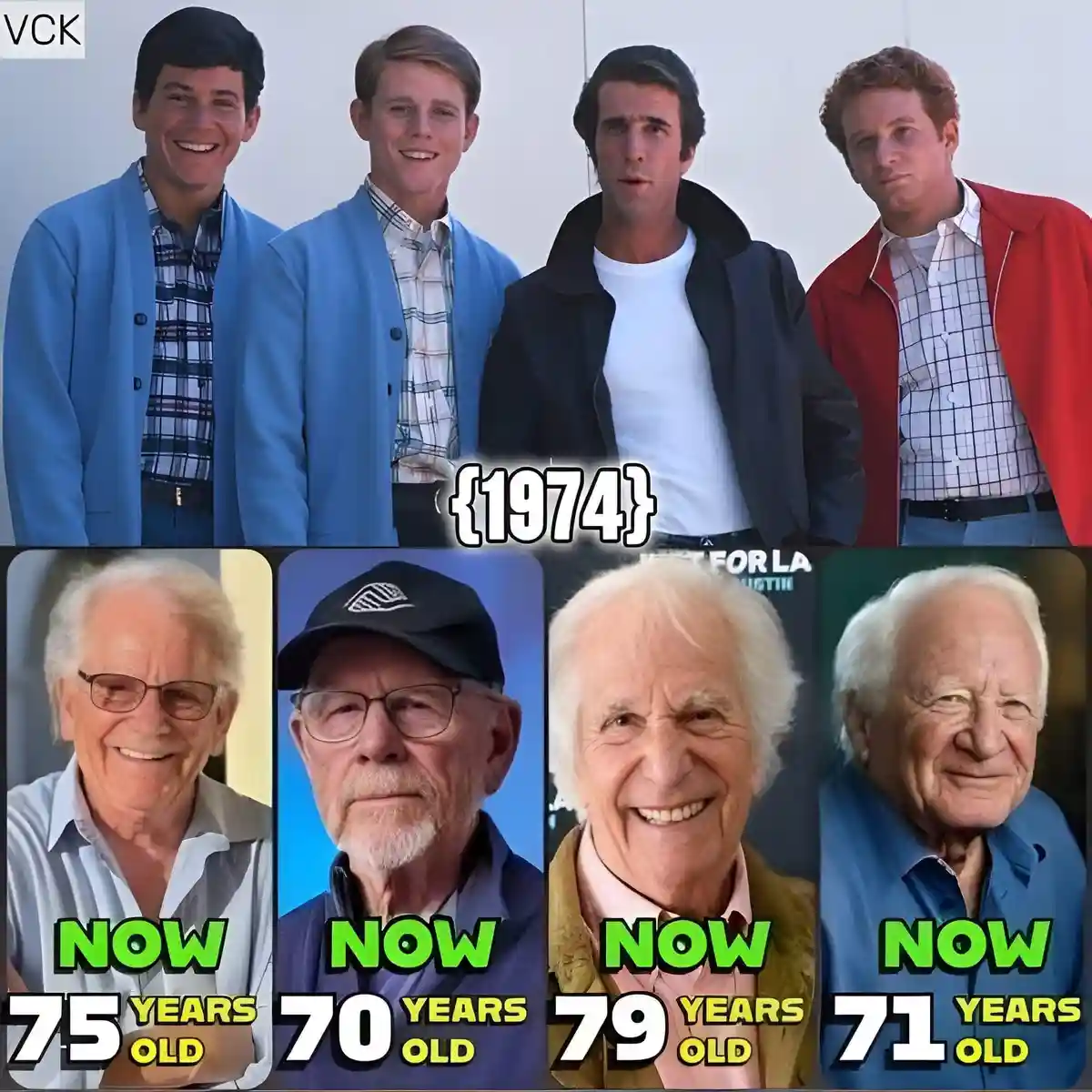 The image displays four young men from the 1974 TV show 'The Dukes of Hazzard' in the top row, and below them, their current…