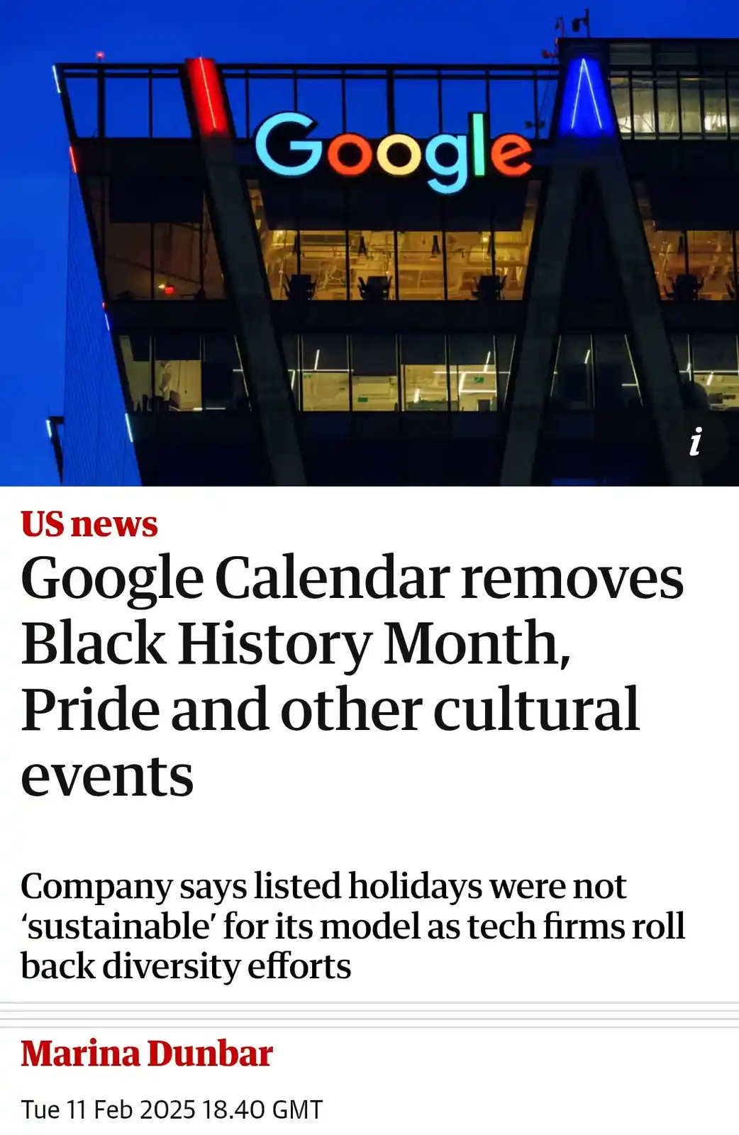 An image of a Google office building at night with the company's logo lit up, overlaid with a fake US news article headline…