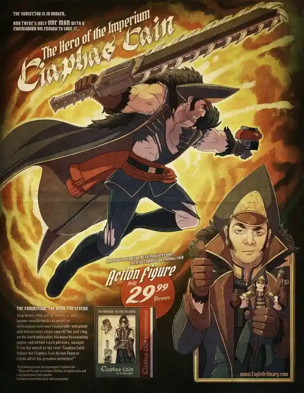 An illustrated advertisement for a fictional 'Ciaphas Cain' action figure, styled like a vintage sci-fi toy ad. The central…