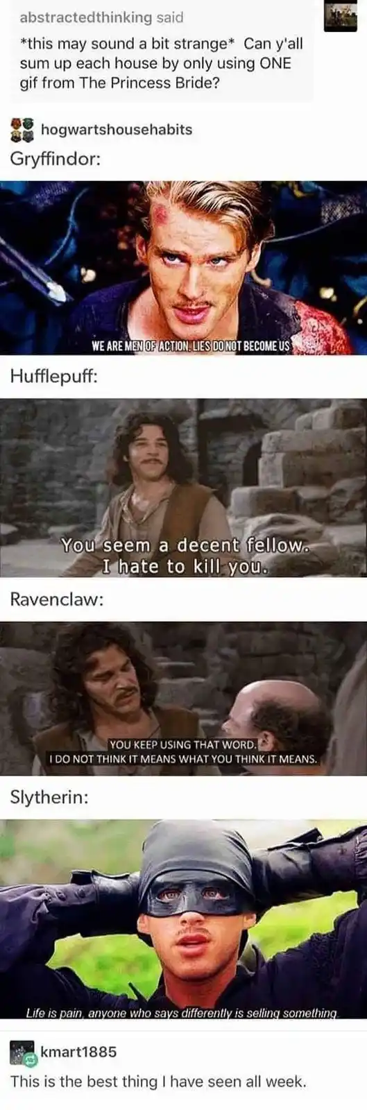 A meme collage from 'The Princess Bride' assigns one iconic quote to each Hogwarts house: Gryffindor shows Inigo Montoya's…