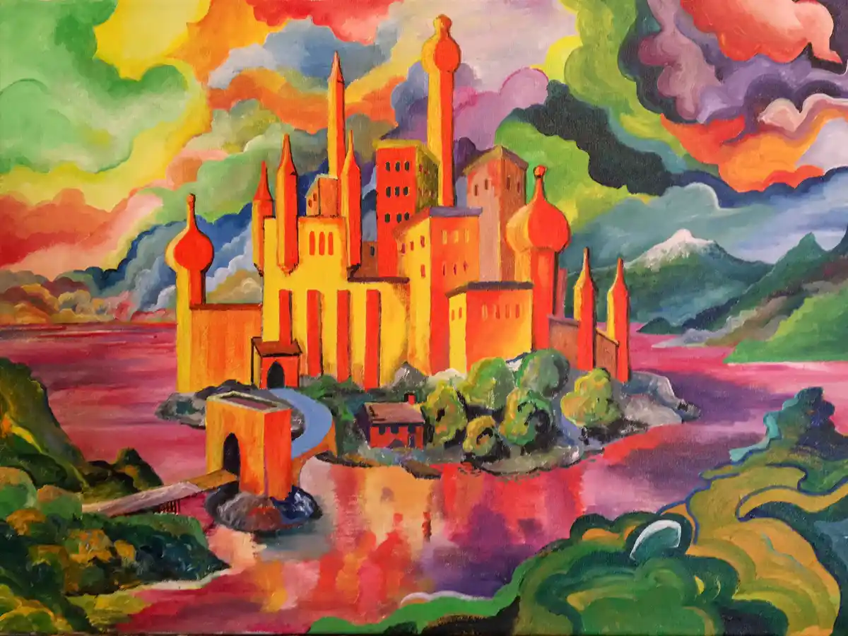a vibrant, stylized painting depicts a large, orange and yellow castle-like structure with multiple towers and domes…