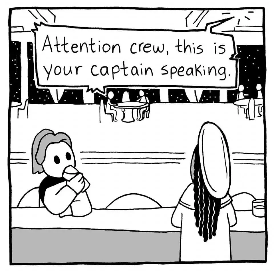 A black-and-white cartoon shows two people sitting at a bar. One person, facing away, has long hair and a large, round, flat…
