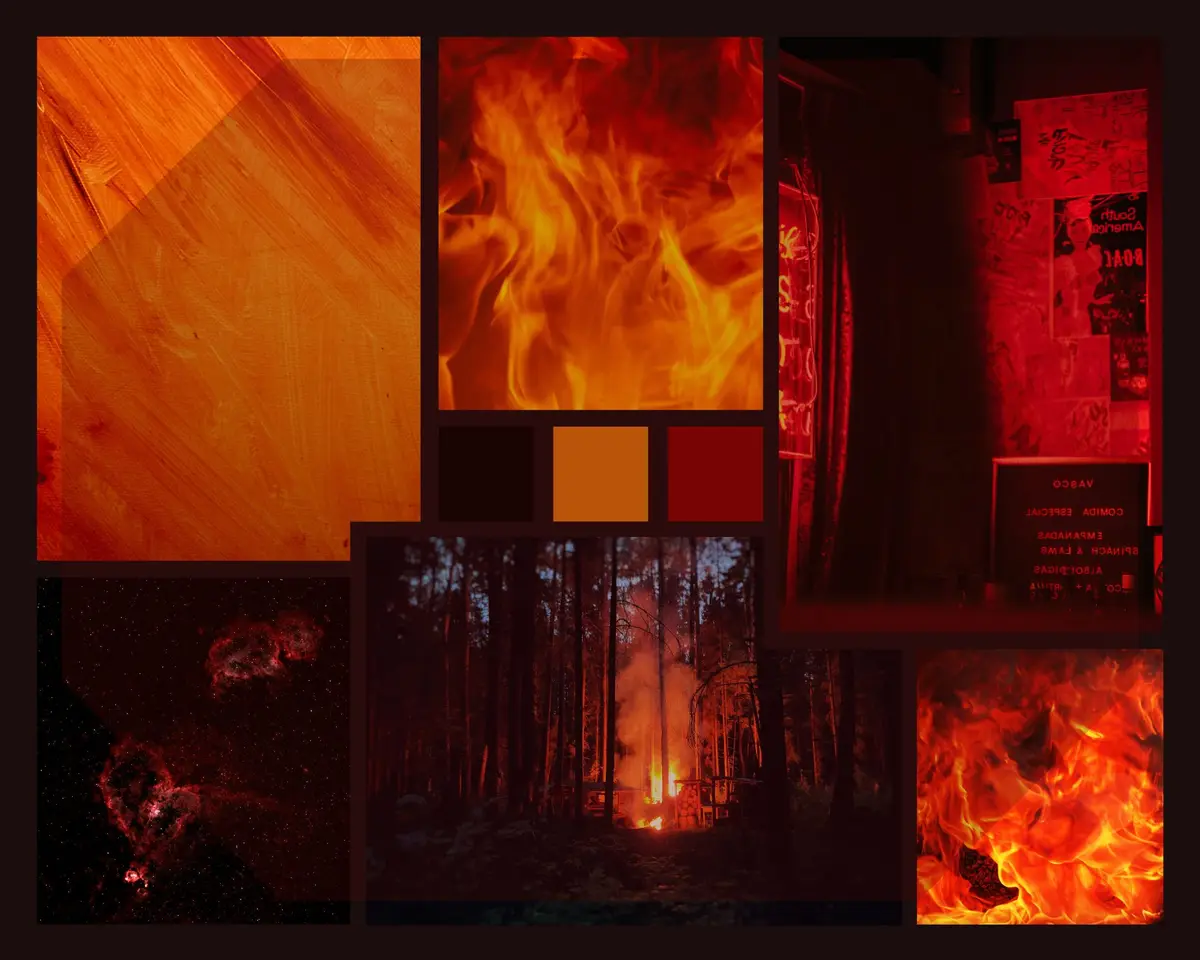 A collage of six images dominated by fiery red and orange hues, including close-ups of flames, a forest fire, a nebula, and…