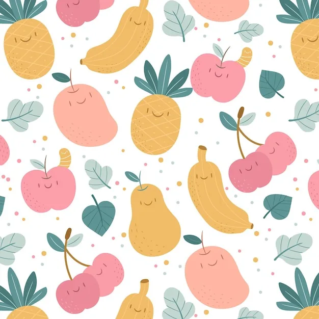 A repeating pattern of cartoon fruits including pineapples, bananas, apples, pears, and cherries, all with smiling faces and…