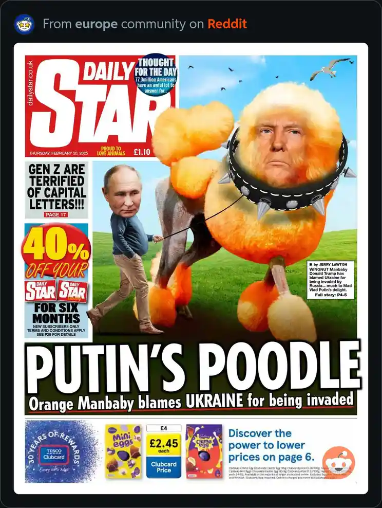 A digitally altered image mimicking the Daily Star newspaper front page, featuring a giant orange poodle with Donald Trump's…
