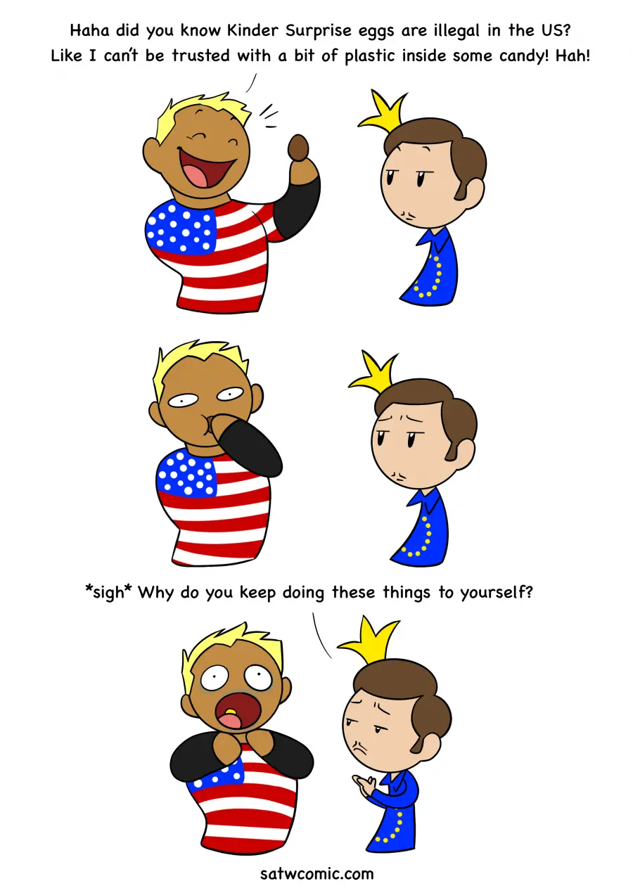 A three-panel cartoon depicts two characters: one wearing an American flag shirt and the other wearing a blue robe with a…
