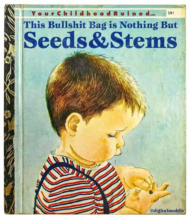 The image shows a vintage-style illustrated book cover featuring a young child in a red, white, and blue striped shirt…