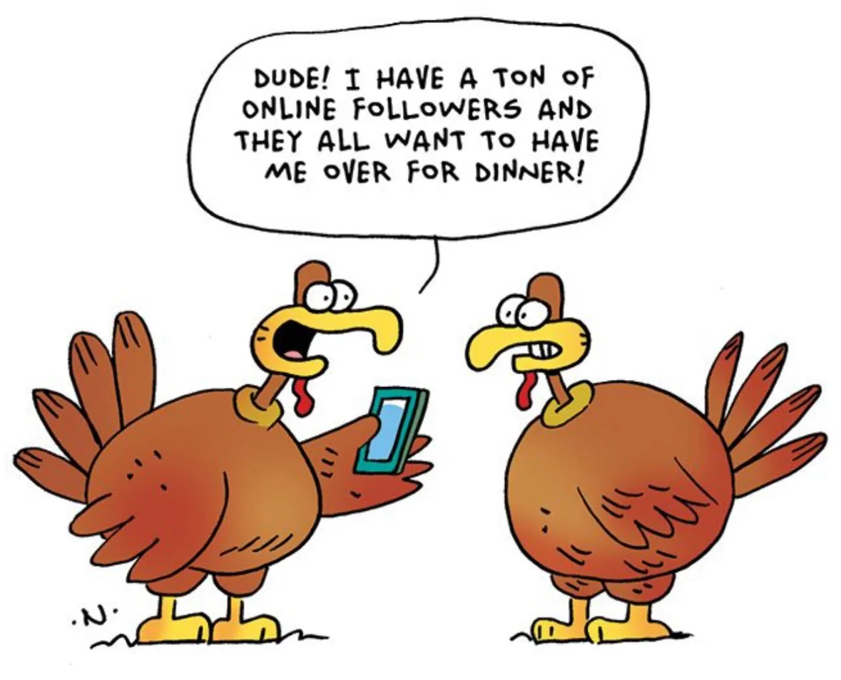 Two cartoon turkeys stand facing each other; the turkey on the left holds a smartphone and speaks excitedly, while the…
