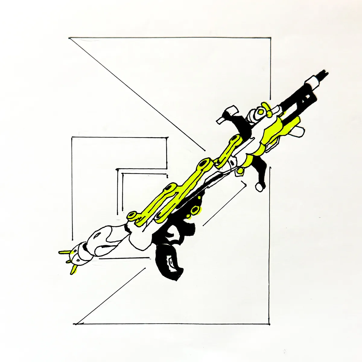 A hand-drawn sketch shows a stylized robot with a yellow and black body, depicted in a dynamic, diagonal pose as if falling…