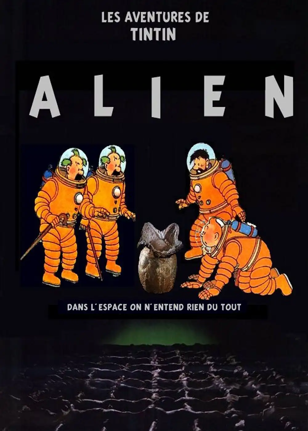 The image is a parody movie poster combining the 'Alien' film title card with characters from the 'Tintin' comic series…