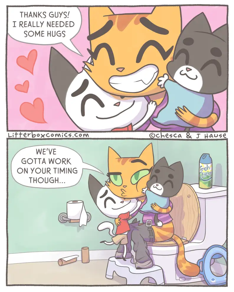 Two-panel comic featuring cartoon cats. Top panel: A ginger cat hugs two other cats (one white, one gray) while saying…