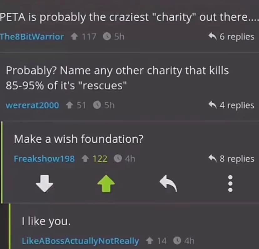 A screenshot of a Reddit thread where a user claims PETA is the craziest charity, prompting a reply challenging them to name…