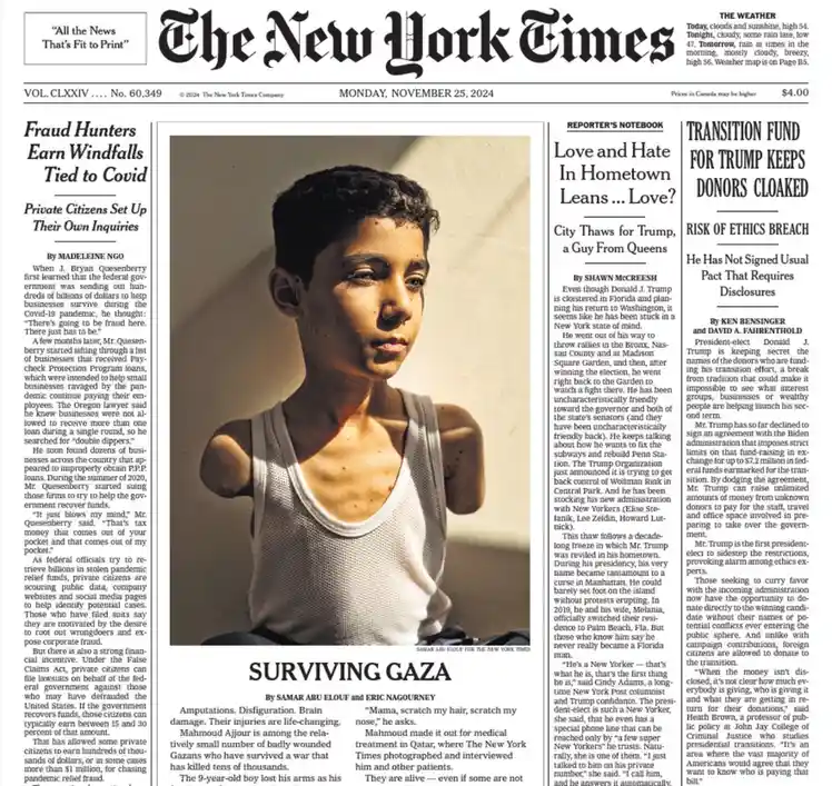 A fake New York Times front page from November 25, 2024, features a photo of a young boy with visible injuries and the…