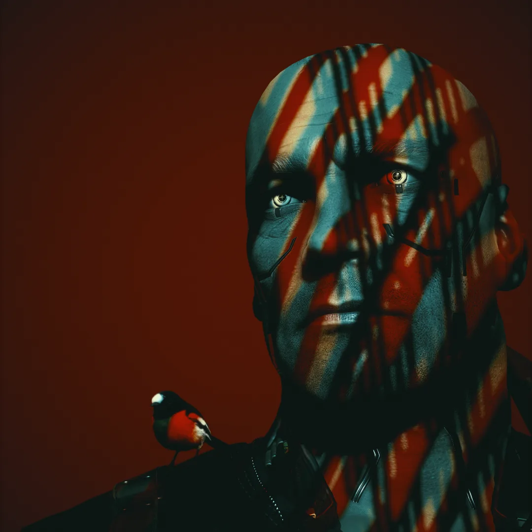 A bald man with cybernetic enhancements and a serious expression has a small bird perched on his shoulder. His face is…
