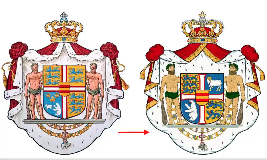 The image displays two royal coats of arms side by side, connected by a red arrow pointing right. The left version shows two…