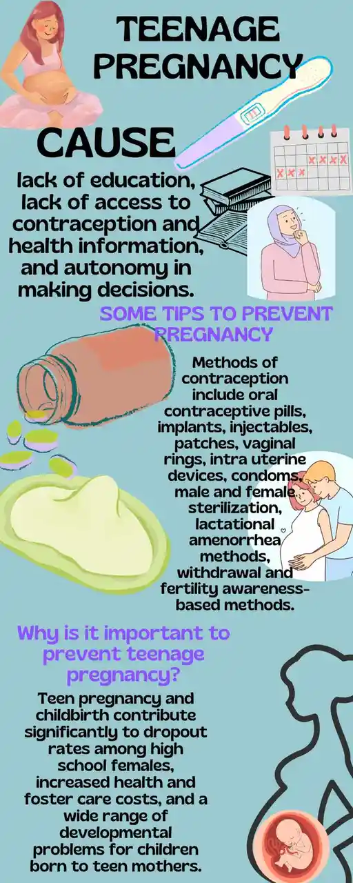 An infographic titled 'TEENAGE PREGNANCY' outlines causes like lack of education and access to contraception, lists…