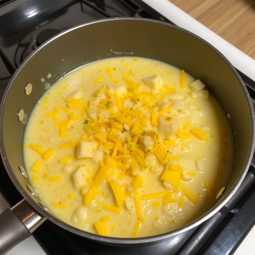 A close-up photo shows a silver saucepan on a black stovetop containing a creamy yellow dish with chunks of white cheese and…