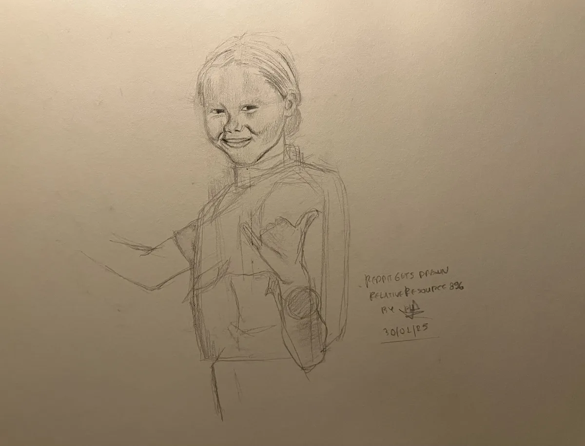 A pencil sketch of a smiling young girl with her hair pulled back, wearing a shirt with a circular design on the sleeve. To…