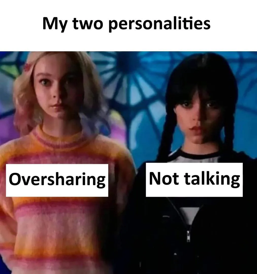The image shows two characters side by side, labeled as 'My two personalities'. The character on the left, wearing a…
