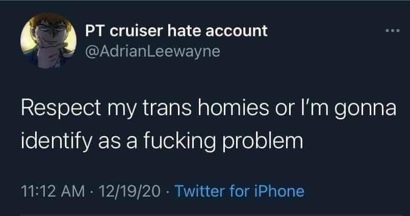 A screenshot of a Twitter post from an account named 'PT cruiser hate account' (@AdrianLeewayne) with a cartoon avatar of a…