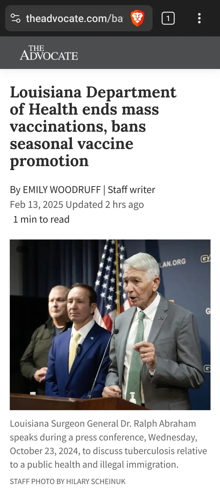 A screenshot of a news article from 'The Advocate' dated February 13, 2025, shows a photo of Louisiana Surgeon General Dr…